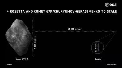 Comparaison de la sonde Rosetta avec sa cible, la comète67P/Tchourioumov-Guérassimenko.