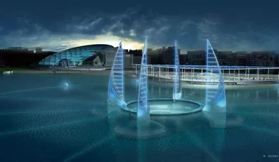  Le futur musée sous-marin d’Alexandrie : 22 000 mètres carrés. Les quatre voiles en polycarbonate ne sont pas fonctionnelles, elles indiquent les quatre points cardinaux. Leur forme rappelle celle des felouques.