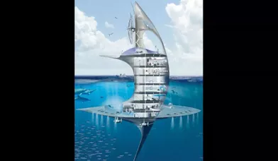Le « SeaOrbiter » emportera un sous-marin et d’autres engins d’exploration profonde comme le ROV. Coque en aluminium, poids : 1 000 tonnes, lest : 550 tonnes, carburant : biofioul. Le pont supérieur est tapissé de capteurs solaires.