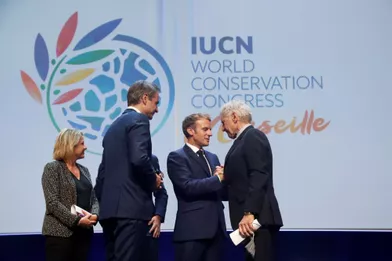 Harrison Ford et Emmanuel Macron au congrès mondial de l'UICN, vendredi 3 septembre 2021 à Marseille.