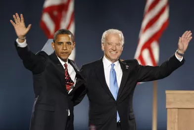 Barack Obama et Joe Biden le soir de la première élection de Barack Obama, le 4 novembre 2008.