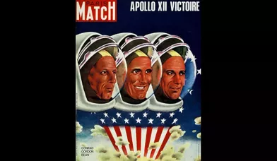 Ce dessin de Robert Bonneville représente les trois visages des astronautes qui ont marché sur la Lune, Charles Conrad, Richard Gordon et Alan Bean. Ils apparaissent dans le ciel avec les couleurs du drapeau américain.