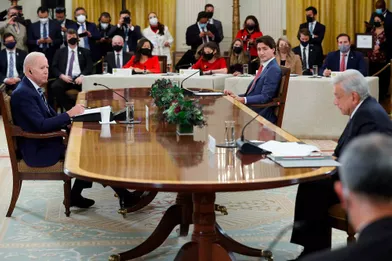 Sommet tripartite entre Joe Biden, Justin Trudeau etAndrés Manuel Lopez Obrador à la Maison-Blanche, le 18 novembre 2021.