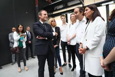 Emmanuel Macron, son épouse Brigitte,Xavier Niel et Anne Hidalgo lors de l'inauguration à Paris de Station F.