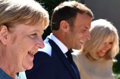 Angela Merkel, Emmanuel Macron et Brigitte Macronau Fort de Brégançon, à Bormes-les-Mimosas, le 20 août 2020