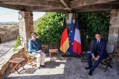 Angela Merkel et Emmanuel Macronau Fort de Brégançon, à Bormes-les-Mimosas, le 20 août 2020
