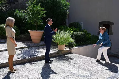 Brigitte Macron, Emmanuel Macron et Angela Merkelau Fort de Brégançon, à Bormes-les-Mimosas, le 20 août 2020