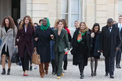 Marlène Schiappa, Aïssata Lam, Emma Watson, Lisa Azuelos, Nadia Murad, Denis Mukwege ont participé à la réunion du conseil consultatif pour l'égalité entre les femmes et les hommes, accueillis par Brigitte Macron au palais de l'Elysée à Paris le 19 février 2019.