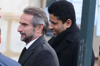 Jean-Claude Blanc, directeur général du PSG, et Nasser Al-Khelaïfi, président du club parisien,aux obsèques d'Andrée Sarkozy.