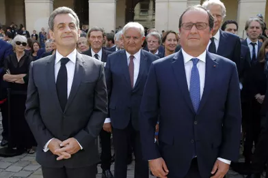 Nicolas Sarkozy etFrançois Hollande,aux Invalides lors de l'hommage national à Simone Veil.