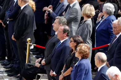 Nicolas Sarkozy etFrançois Hollande,aux Invalides lors de l'hommage national à Simone Veil.