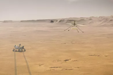 2 mars. La Nasa rêve de faire voler un hélicoptère sur Mars, comme le prouve cette image d'illustration. Et ce n'est pas une blague. Elle a prévu de tenter le tout premier vol avec un petit robot caché sous le robot Perseverance,le 8 avril 2021, &quot;au plus tôt&quot;.