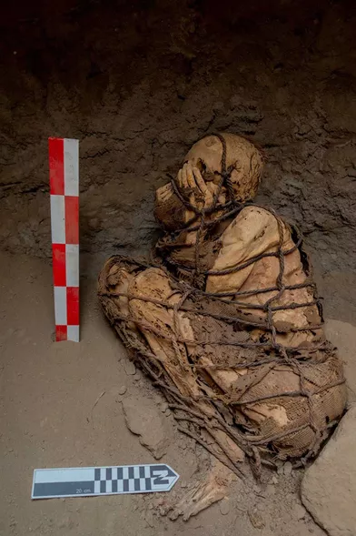 La momie estimée entre 800 et 1.200 ans a été trouvée en octobre dernier dans une tombe souterraine sur lesite archéologique de Cajamarquilla, en pleine cordillère des Andes, au Pérou.