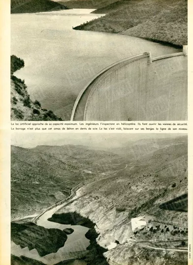 « (En haut) Le lac artificiel approche de sa capacité maximum. Les ingénieurs l'inspectent en hélicoptère. Ils font ouvrir les vannes de sécurité… (En bas) Le barrage n'est plus que cet amas de béton en dents de scie. Le lac s'est vidé, laissant sur ses berges la ligne de son niveau.» - Paris Match n°557, 12 décembre 1959.