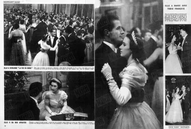 « Cette photo (en haut, à g.) est la seule d'ensemble qui ait été prise. Le bal avait lieu dans deux salons. L'un était toujours vide : celui où Margaret n'était pas. » - Paris Match n°141, 1er décembre 1951.