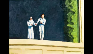 Dans son ultime toile, Edward et Jo apparaissent en Pierrot et Colombine, juste avant de saluer un public invisible. « Two Comedians » (« Deux comédiens »), 1966, huile sur toile, 73,7 x 101,6 cm. Collection particulière.