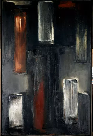 Huile sur toile, 195 x 130cm. 1955. Pierre Soulages ne donne jamais de titre à ses œuvres.