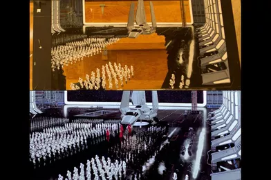 En haut, le matte painting de la photo précédente. En bas, son utilisation dans une image tirée du «Retour du Jedi». 