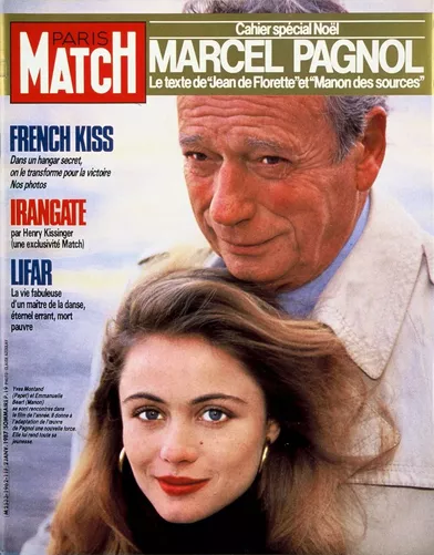 Yves Montand et Emmanuelle Béart, réunis pour le film &quot;Manon des sources&quot; de Claude Berri, en couverture de Paris Match n°1962, daté du 2 janvier 1987.