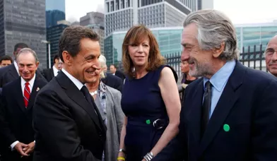 Nicolas Sarkozy rencontre l'acteur Robert de Niro, également fondateur du Festival de Tribeca, avant les célébrations du 125e anniversaire de la Statue de la Liberté.