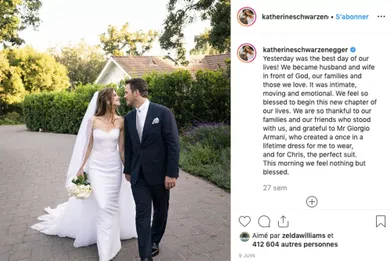 Pile un an après le début de leur relation, Chris Pratt a épousé Katherine Schwarzenegger le 8 juin 2019 à Montecito.