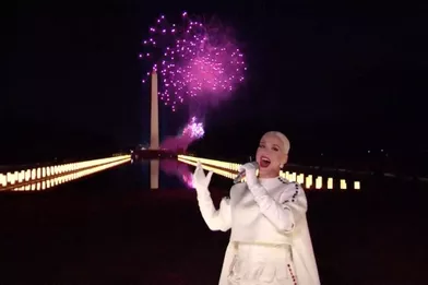 Katy Perry chante lors de l'inauguration de Joe Biden durant le programme «Celebrating America» le 20 janvier 2021