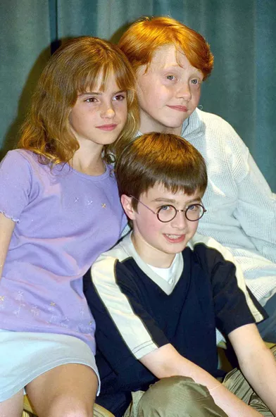 Emma Watson, Daniel Radcliffe et Rupert Grint lors d'une conférence de presse de présentation du film «Harry Potter à l'école des sorciers» à Londres en août 2000