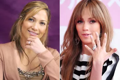 Les bagues de fiançailles de Jennifer Lopez : à gauche celle offerte par Ben Affleck en 2002, à droite celle offerte par Marc Anthony en 2004
