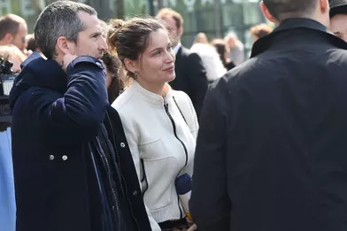 Guillaume Canet et Laetitia Castaà l'hommage rendu à Agnès Varda à la Cinémathèque française avant ses obsèques au cimetière du Montparnasse à Paris, le 2 avril 2019.
