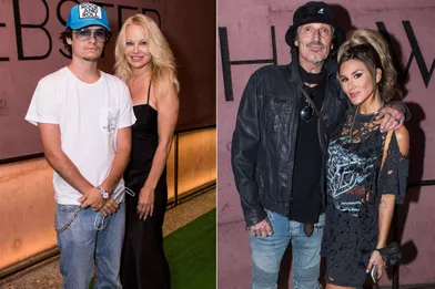 A gauche : Pamela Anderson avec son fils Dylan Jagger, à droite Tommy Lee avec son épouse Brittany Furlan