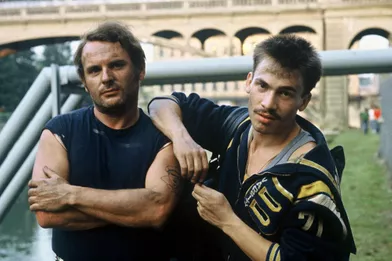 Jean-Francois Stévenin et Florent Pagny sur le tournage du téléfilm «L'ennemi public n°2» par réalisé par Edouard Niermans sur TF1.