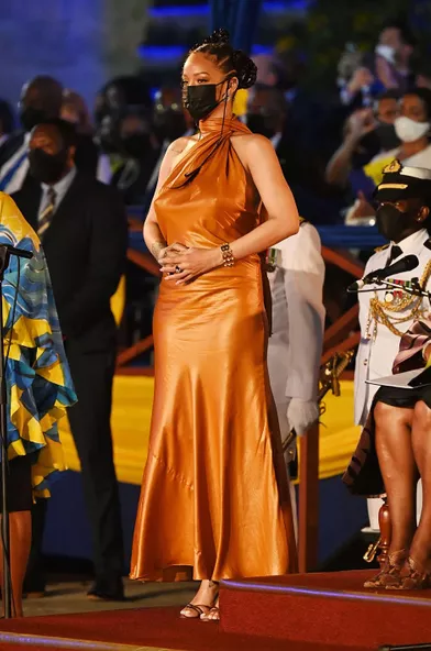Rihanna lors de lacérémonie d'investiture présidentielle pour marquer la naissance d'une nouvelle république à la Barbade, àBridgetown,le 29 novembre 2021