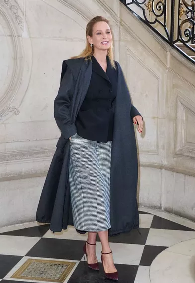 Uma Thurmanlors du défilé DiorHaute Couture printemps-été 2020, qui a eu lieu au Musée Rodin lundi 20 janvier 2020.