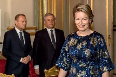 La reine des Belges Mathilde, dans une robe Ries Van Noten, à Bruxelles le 11 janvier 2019