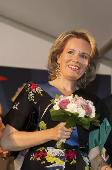 La reine des Belges Mathilde en Diane Von Furstenberg à Bruxelles, le 20 juillet 2018
