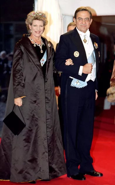L'ex-reine Anne-Marie, tante du marié, et l'ex-roi des Héllènes Constantin II de Grèce à Frederiksborg, le 18 novembre 1995