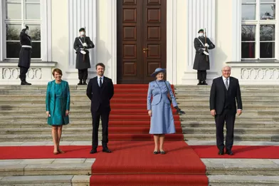 La reine Margrethe II et le prince héritier Frederik de Danemark avec le président allemandFrank-Walter Steinmeier et sa femme Elke Büdenbenderà Berlin, le 10 novembre 2021