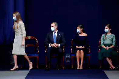 La princesse des Asturies Leonor, le roi Felipe VI, la reine Letizia et l'infante Sofia d'Espagne à Oviedo, le 16 octobre 2020