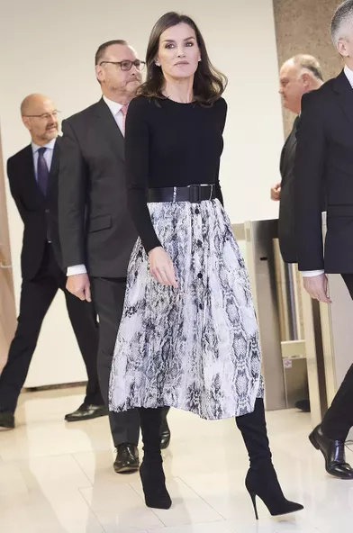 La reine Letizia d'Espagne dans sa jupe à imprimé serpent Zara à Madrid, le 12 décembre 2019