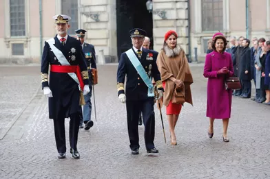 La reine Letizia et le roi Felipe VI d'Espagne avec la reine Silvia et le roi Carl XVI Gustaf de Suède à Stockholm, le 24 novembre 2021
