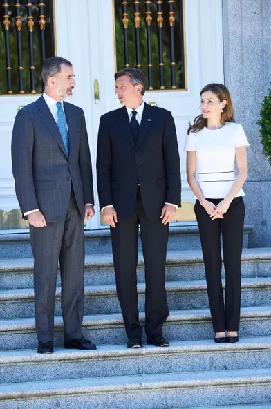 La reine Letizia et le roi Felipe VI d'Espagne avec le président Slovène à Madrid, le 27 juin 2017