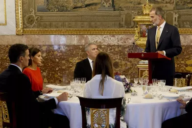 La reine Letizia et le roi Felipe VI d'Espagne lors du déjeuner pour le couple présidentiel colombien à Madrid, le 16 septembre 2021