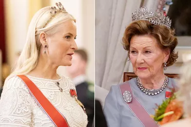 La princesse Mette-Marit et la reine Sonja de Norvège parées de diadèmes au Palais royal à Oslo, le 28 octobre 2021