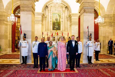 La reine Maxima et le roi Willem-Alexander des Pays-Bas avec le couple présidentiel indien à New Delhi, le 14 octobre 2019