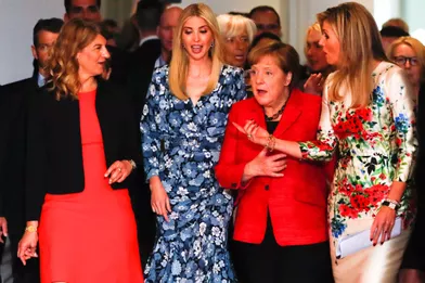 La reine Maxima des Pays-Bas avec Ivanka Trump et Angela Merkel à Berlin, le 25 avril 2017