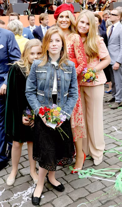 La reine Maxima des Pays-Bas et ses filles à Groningen, le 27 avril 2018