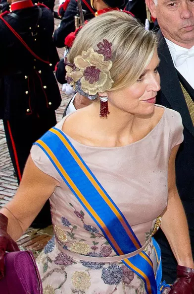 La coiffure de la reine Maxima des Pays-Bas au Prinsjesdag, le 15 septembre 2015