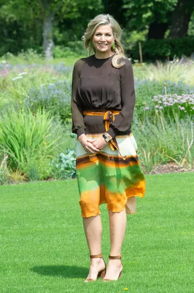 La reine Maxima des Pays-Bas dans une robe Jan Taminiau à La Haye, le 19 juillet 2019