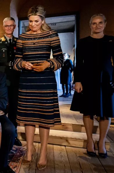La reine Maxima des Pays-Bas dans une robe Jan Taminiauà Oslo, le 10 novembre 2021