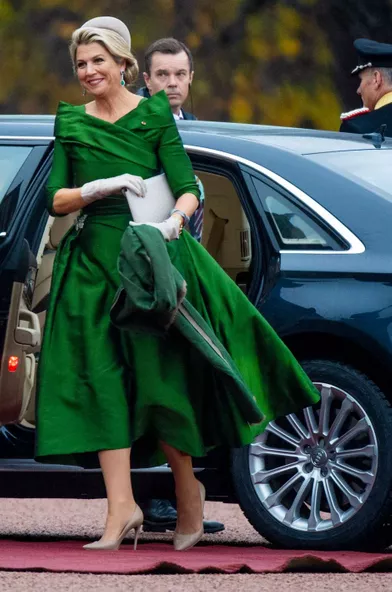 La reine Maxima des Pays-Bas dans une robe Natan à Oslo, le 9 novembre 2021